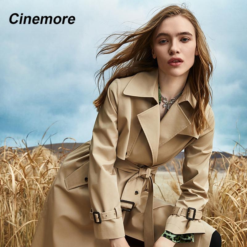 Cinemore Podzimní dlouhý trenčkot pro ženy Ležérní bunda Větrovka Dvouřadá klopa Přepásaný kabát Dámský elegantní kabát