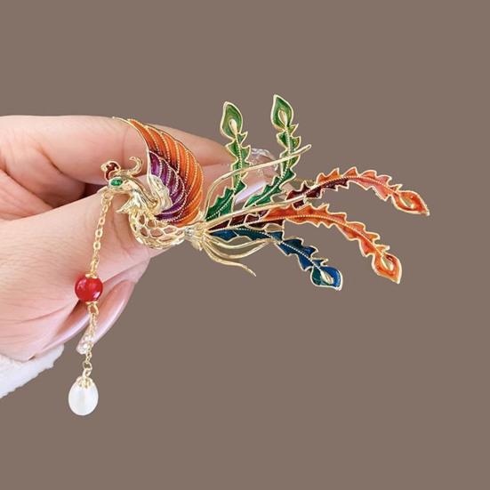 Brooch Retro Style Phoenix Design Lapel Pin with Faux Pearl Tassel Sweaters Collars Hats Bags Coats Scarves Badge Outfit Accessory