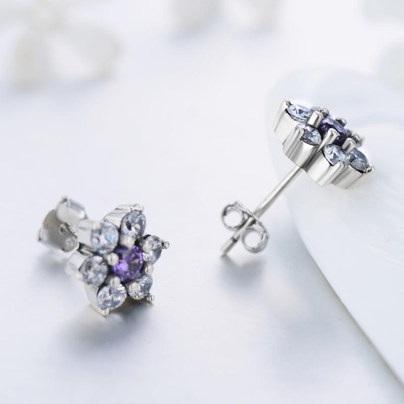 Modian 925 Sterling Silver Flower Purple Crystal Stud Earrings Fashion CZ for Women Wedding Jewelry Gift