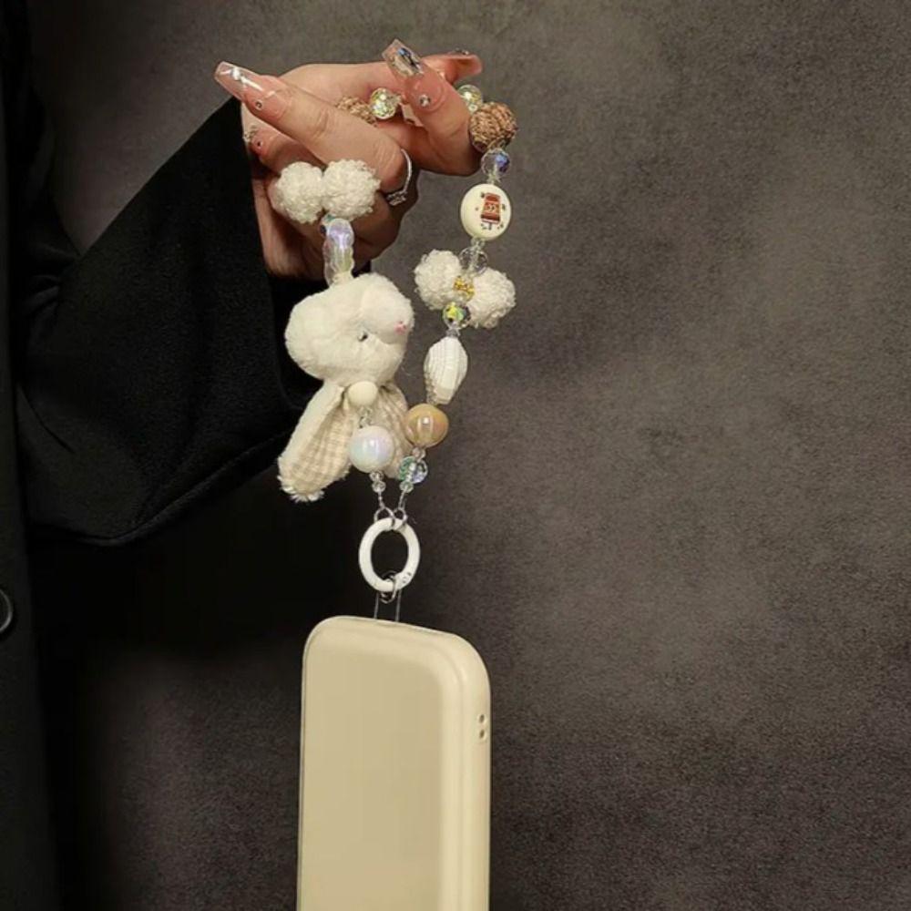 Handmade Rabbit Doll Phone Chain Sweet Phone Lanyard Charm Cute Bowknot Beads Pendant Women