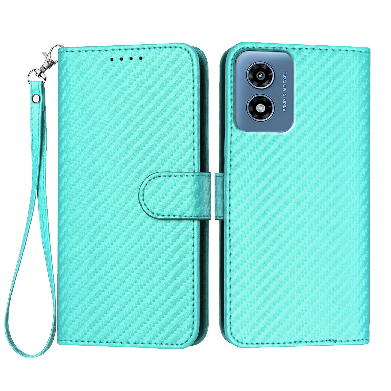 

For Motorola Moto G Play (2024) 4G Wallet Case with Strap Carbon Fiber Texture Leather Mobile Cover Light Blue