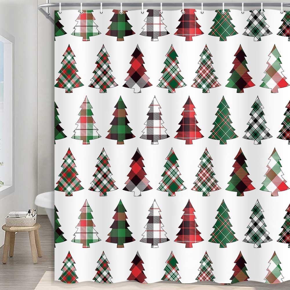 Christmas Tree Shower Curtain Set with Holiday Pattern, Waterproof Winter Bathroom Decor Includes Hooks for Xmas Theme