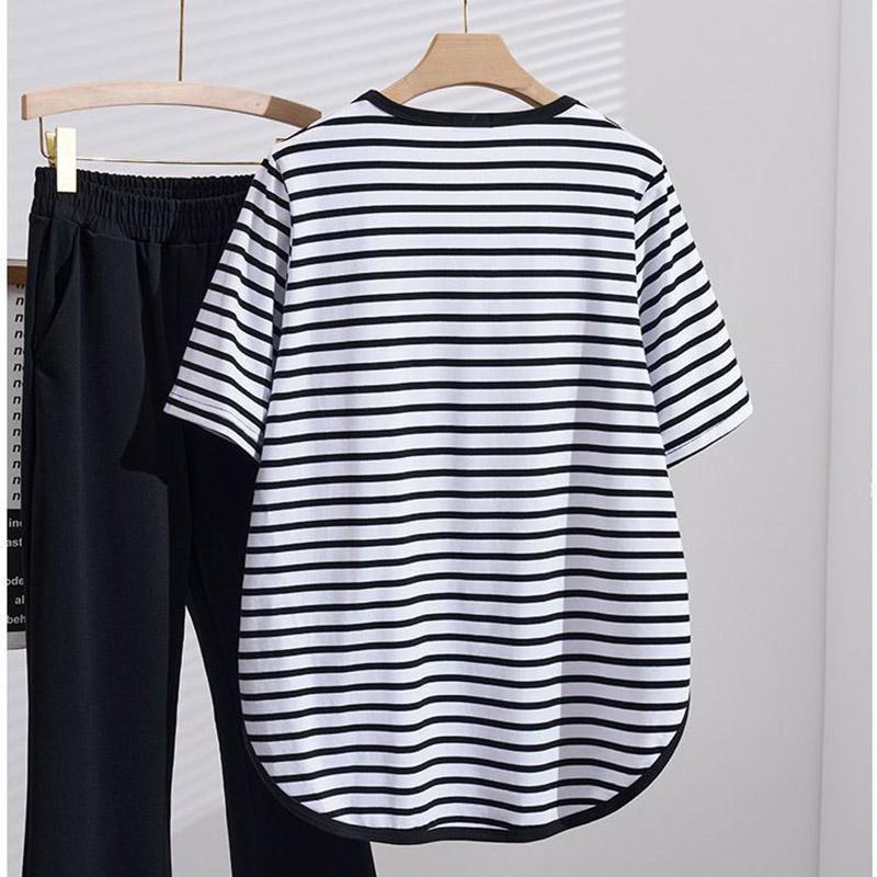 T-shirt Women Stripe Summer Casual Large Size Loose Round Neck Pullover Short-sleeved Tops