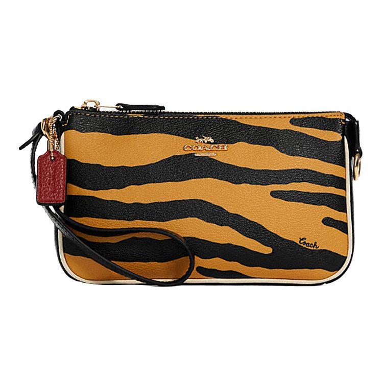 Coach Signature Canvas Zip Wristlet with Tiger Stripe Print & Wrist Strap for Daily Use Basic Set (Bag+Dust Bag)