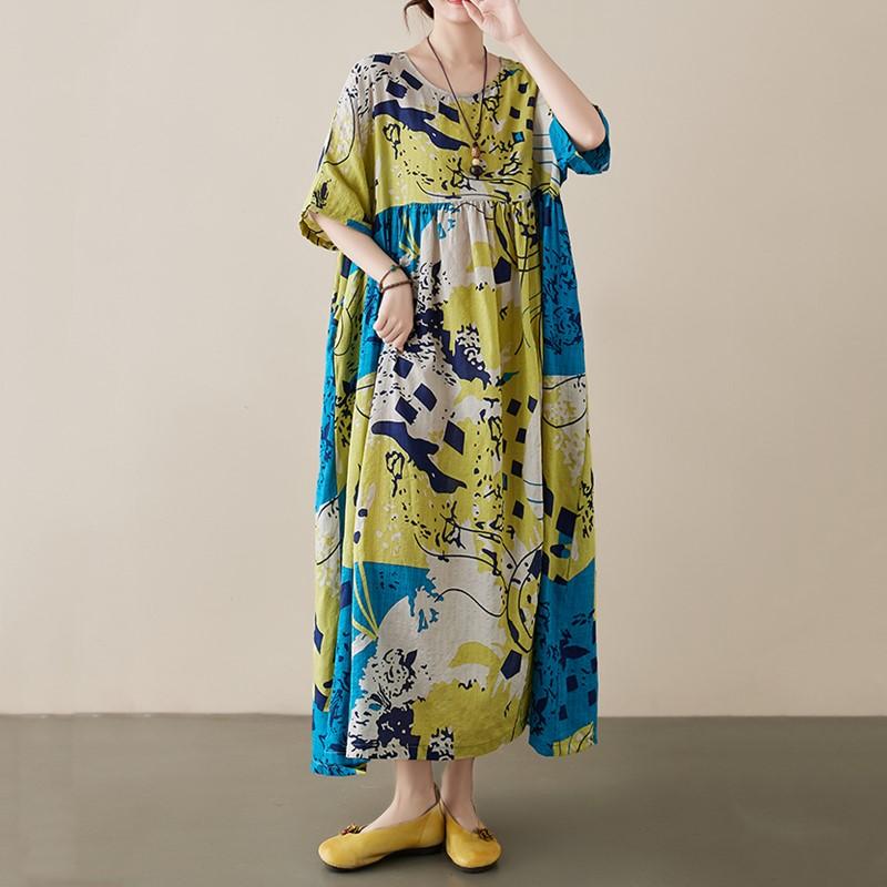 Krátký rukáv Velké bavlněné vintage květinové nové šaty pro ženy ležérní volné dlouhé léto