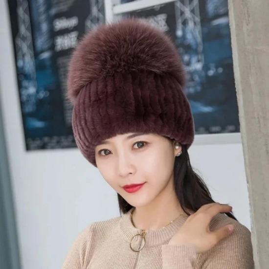 New Outdoor Good Elastic Natural Rex Rabbit Fur Hat Women Winter Knitted Real Sliver Fox Fur Cap Lady Real Fur Hats
