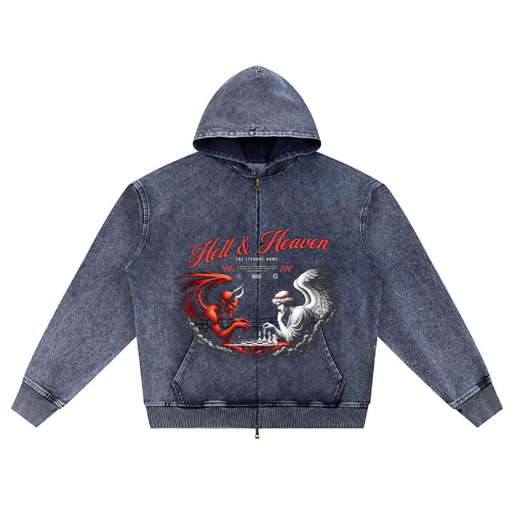 

DTG print Knitted Denim Zip-Up Hoodie Hell & Heaven Brother Print Zipper Hoodies XL темно-синий