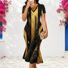 Women Plus Size V Neck Short Sleeve Black Gold Printed Fitted Fishtail Dress