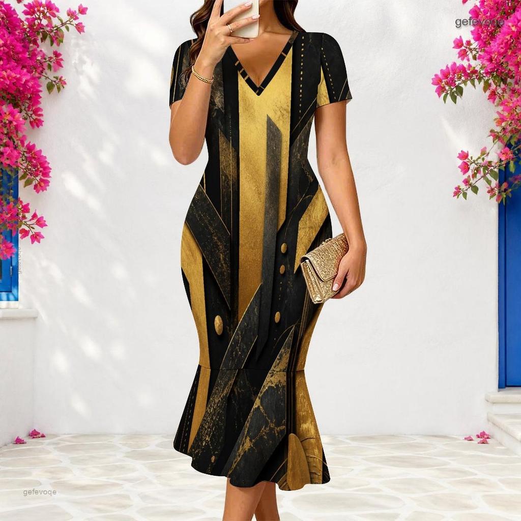 Women Plus Size V Neck Short Sleeve Black Gold Printed Fitted Fishtail Dress