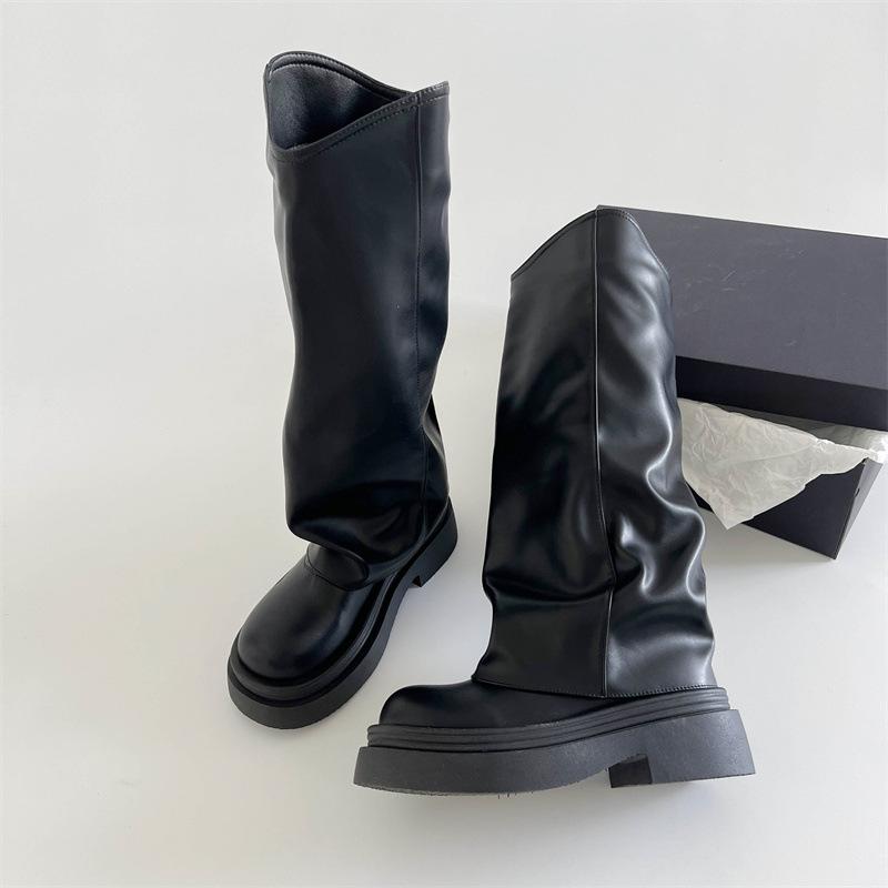 Black retro thick heel platform boots women's 2025 new autumn British style thin but knee trouser boots