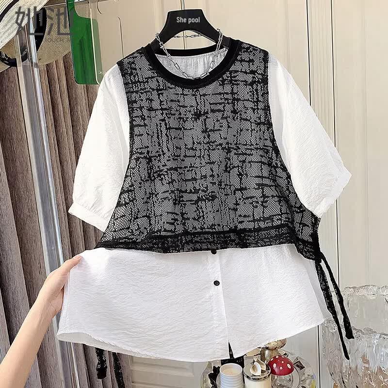 

Women s Layered Color Block Patchwork Round Neck Loose Shirt One Size