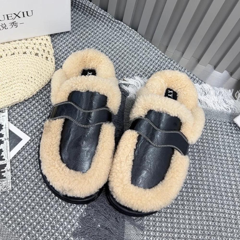 Fashion Flats Platform Cotton Slippers Women Fur Mules Shoes 2024 Winter New Plush Warm Slides Trend Soft Leather Cozy Casual Shoes