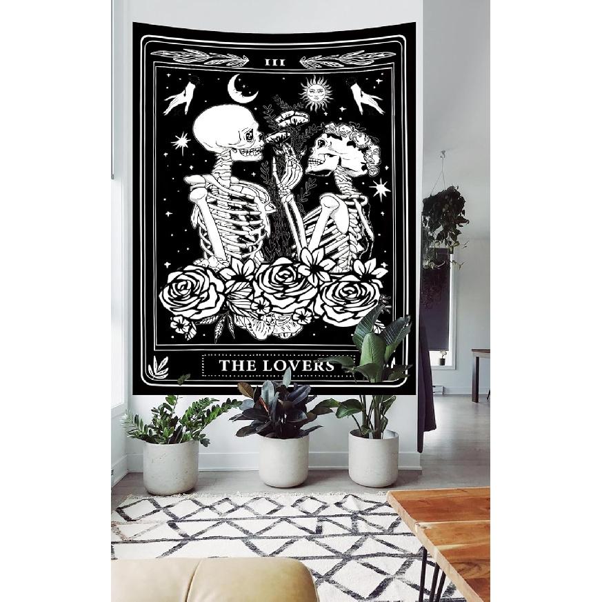 Onivein The Lovers Skull Tapestry Gothic Tapestry Vertical Black and White Skeleton Gothic Witch Sun Moon Floral Plant Snake Tapestries Wall Hanging