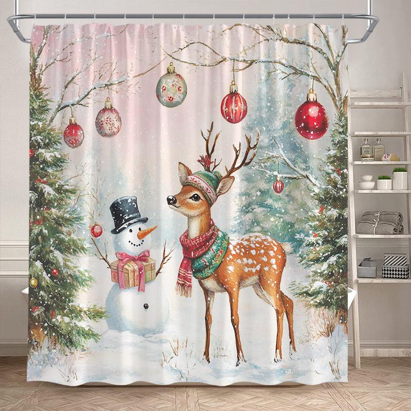 Christmas Highland Cow Shower Curtain Winter Cedar Snowy Xmas Gifts Farm Animal New Year Home Bathroom Curtains Decor With Hooks