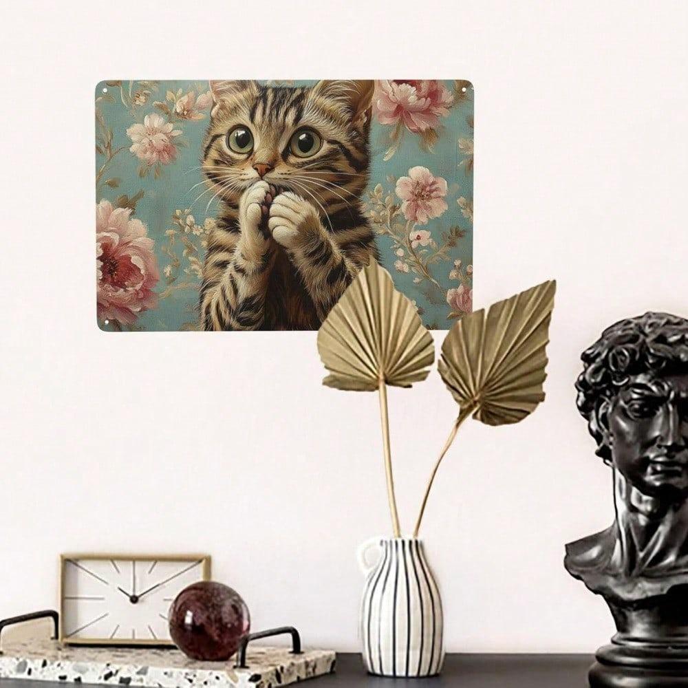 Tin Wall Art Metal Sign 8x12 Inch Funny Cat Covering Mouth Vintage Home Decor Poster Cafe Bar Office