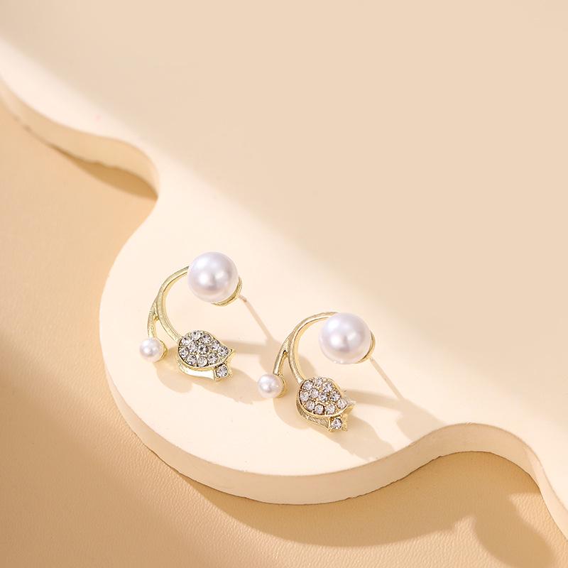 Korean Style Pearl & Diamond Tulip Flower Stud Earrings with S925 Silver Needle