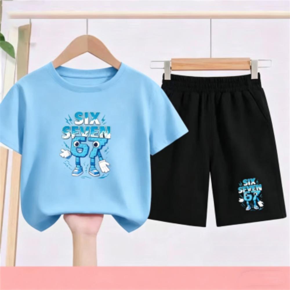 Fashion Cartoon 67 Print Kids Short Sleeve T-shirt Set Girls Boy White Black T-shirt Shorts 2pcs Outdoor Casual Kids Set Clothing