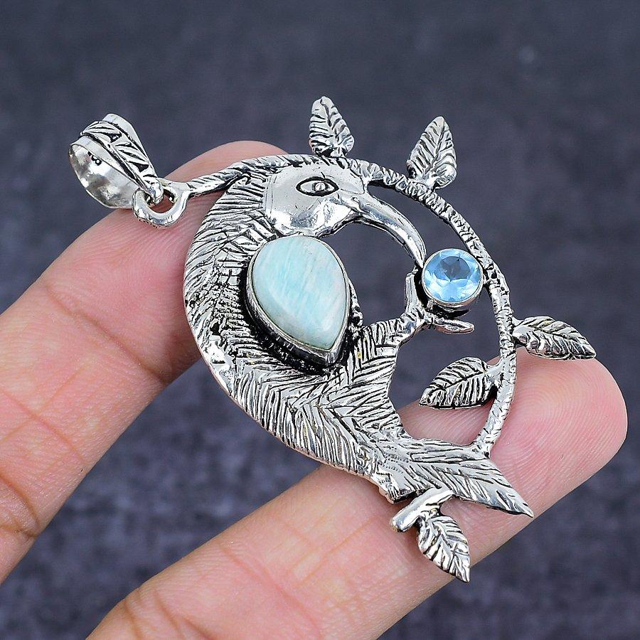 Larimar, Topaz Handmade 925 Sterling Silver Jewelry Pendant 2.56" G0n77