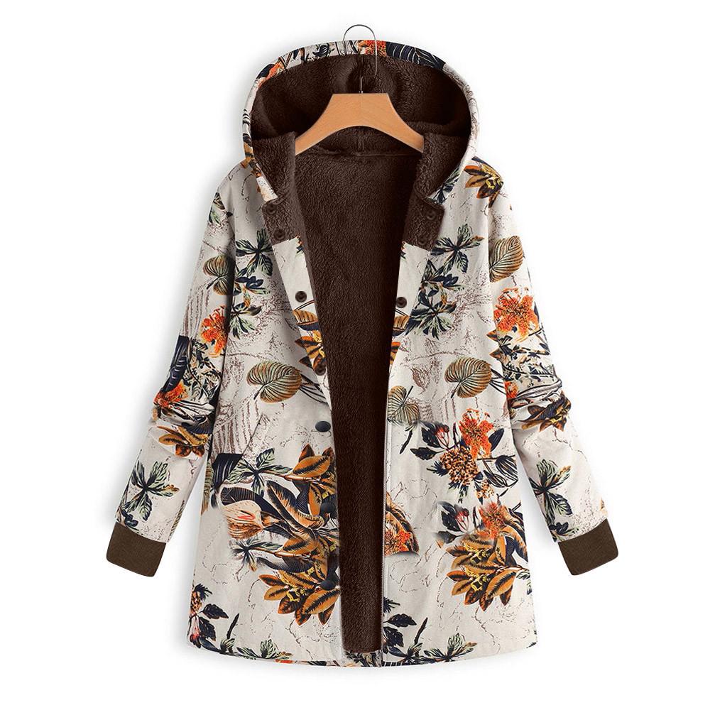 Womens Winter Warm Outwear Floral Print Hooded Pockets Vintage Oversize Coats