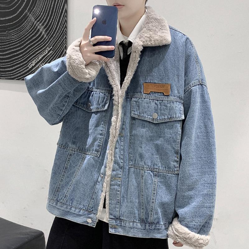 Men's Korean Style Winter Lambswool Denim Jacket - Fleece Lined, Thick Cotton Coat.