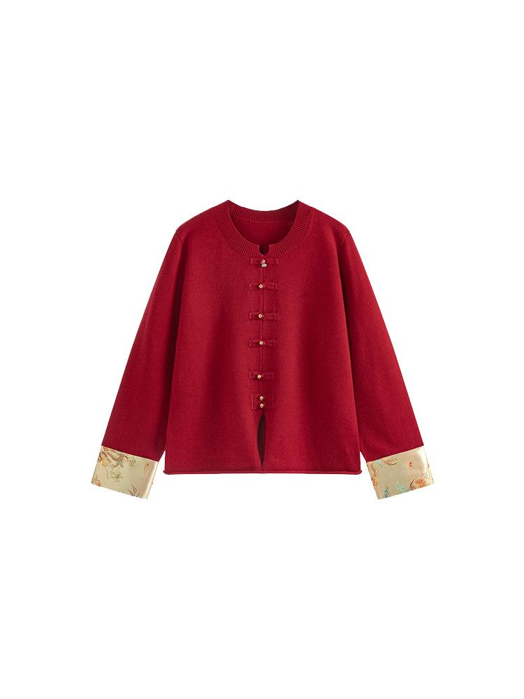 Elegant Plus Size Women's Red Jacket - New Chinese National Style, Autumn 2025 Knitwear, Style 22115