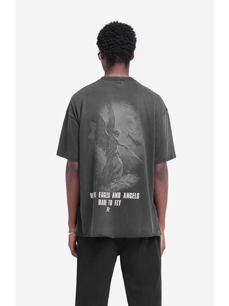 REPRESENT REP Letter Angel Print Vintage Washed Distressed Loose Short Sleeve T-Shirt for Men and Women