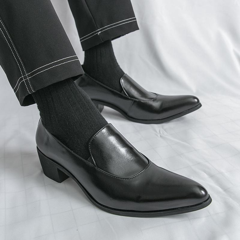 Men Loafers Leather Individuality Formal Business Shoes Pointed Toe Heel Wedding Dress Prom Shoes Over Sized