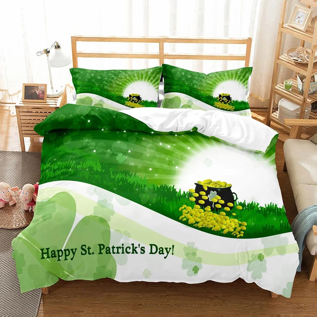 Happy St Patrick's Day Duvet Cover Set Plant Clover Bedding Set Green Lucky Leaf Quilt Cover Botanical Leaves Bedspread Cover
