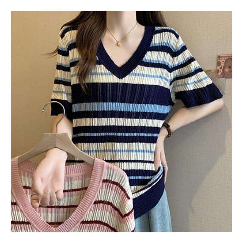 NaVaVa V Neck Short sleeVe Knit Striped Color Blocking Nk2133