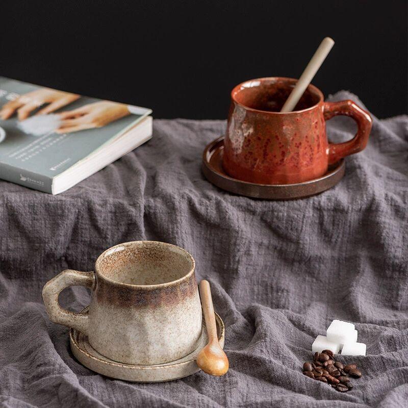 Retro Ceramic Mug Saucer Set Creative Office Coarse Pottery Cup Japanese Kiln Coffee Cup Afternoon Tea Must