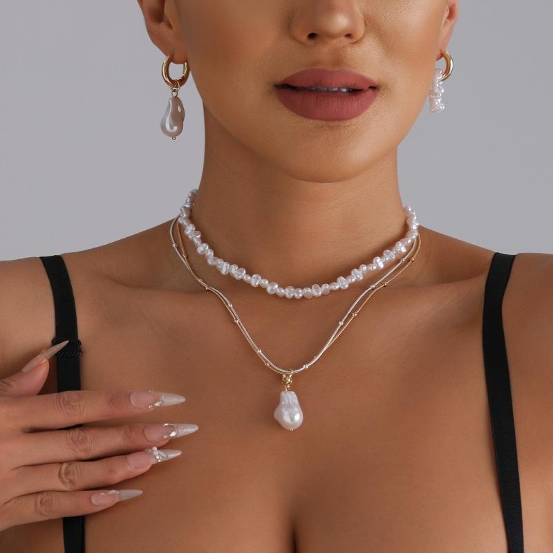 Multilayer Neck Chain Beads Necklace Adjustable Chain Necklace Earrings Neck Jewelry Suitable for Women and Girl Present