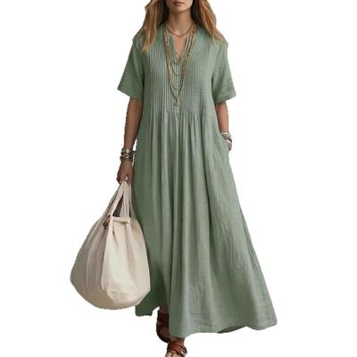 Ladies Summer Casual Dresses V Neck Short Sleeve Cotton Tunic Dress Loose Fit Maxi Sundress with Pockets for Beach Vacation