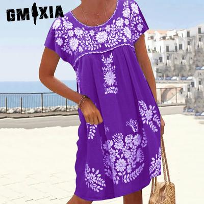 Women's Fashion Casual Minority Shoulder To Shoulder Floral Print Short Sleeve O-Neck Loose Dresses