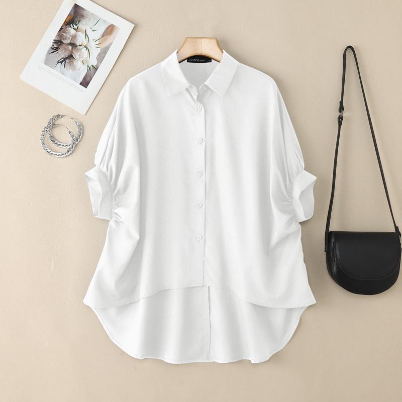 ZANZEA Women Casual Turn Down Collar Loose Half Sleeve Irregular Blouse