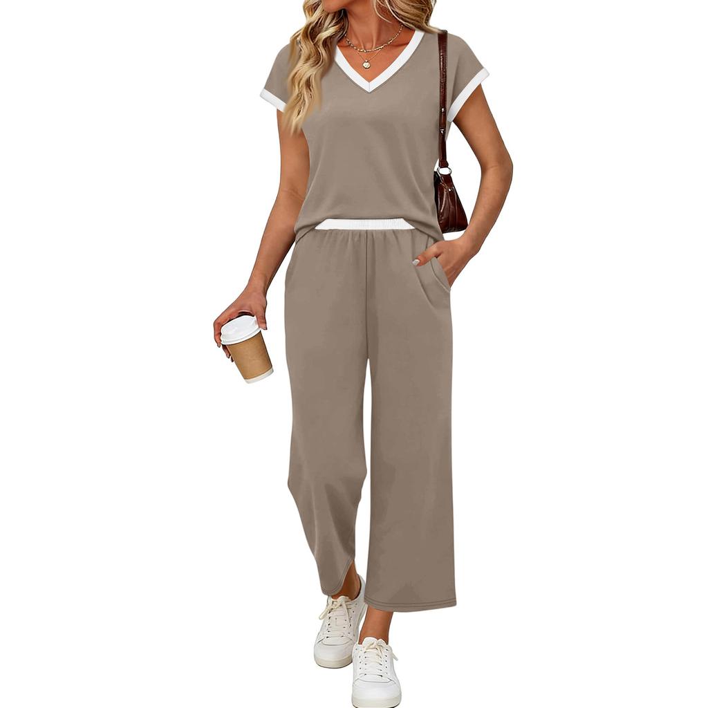 Women Two Piece Set Casual Outfits V Neck Short Sleeve Top Elastic Waist Pants Lounge Wear Set for Travel Relaxed Fit
