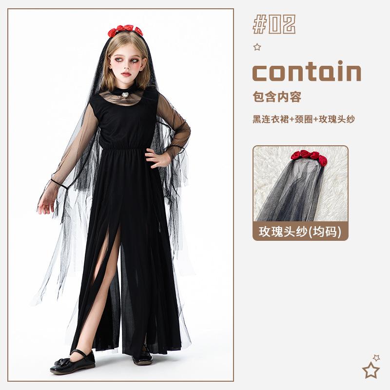 Halloween Children's Costume Girls Dark Demon Ghost Bride Long Dress Vampire Witch Funny Show Costume