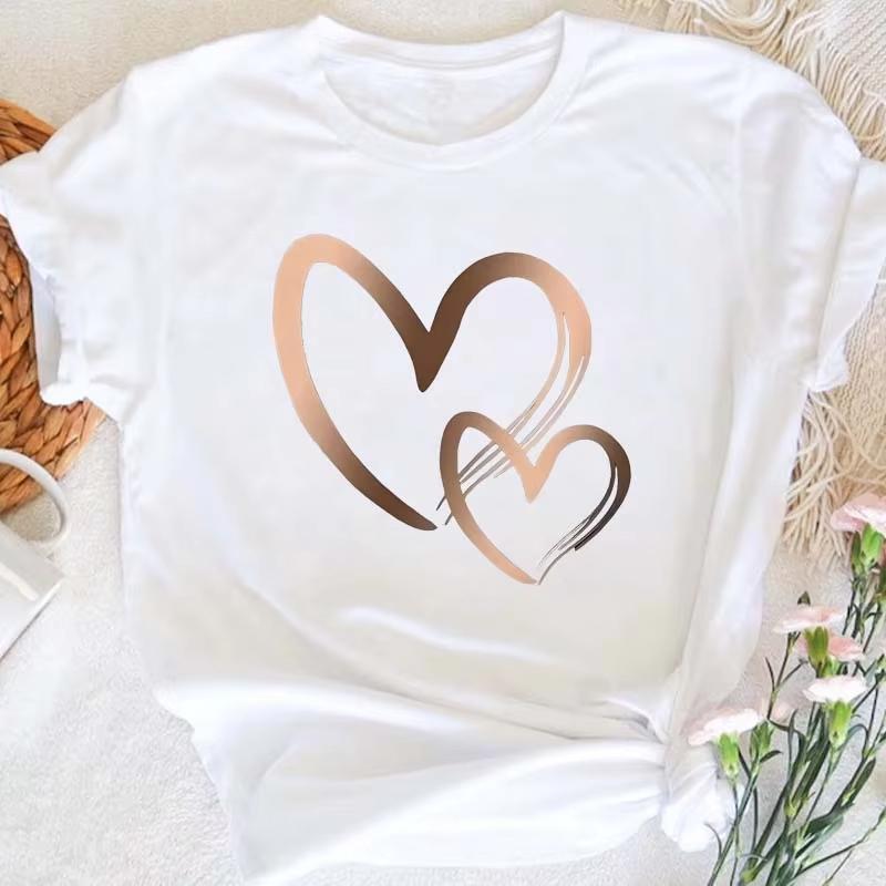 Summer New Womens Heart Printed Tshirt Trendy Casual Round Neck Top Short Sleeves Fashion Harajuku Kawaii Tshirt Y2k Clothing