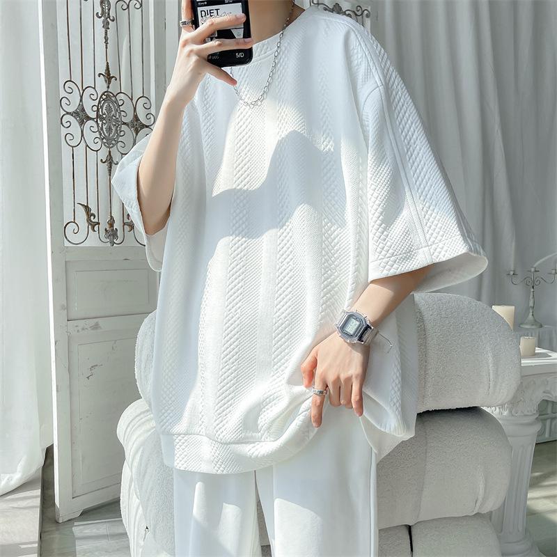 Men's Plus Size Summer Waffle Jacquard Loose Half Sleeve T-Shirt, Round Neck Pullover
