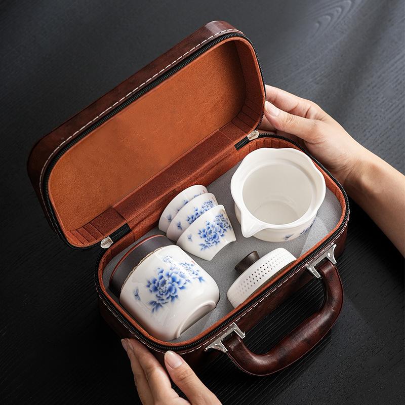 Outdoor Camping Kuaike Cup Travel Tea Set Tianxiang Peony Hand Grab Pot Guochao Dehua White Porcelain Set Company