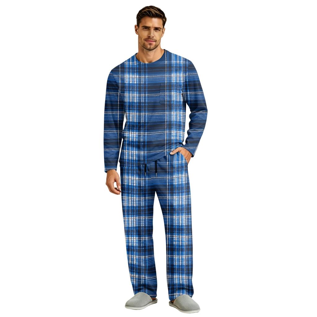 Men's Long Sleeve Pajama Set with Button Crotch and Elastic Drawstring Waist for Home Comfort