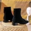 Square Head Suede Short Boots Women's 2025 New Autumn and Winter Thick Heel Medium Boots Rhinestone Square Buckle Low Heel Spring and Autumn Single Bo