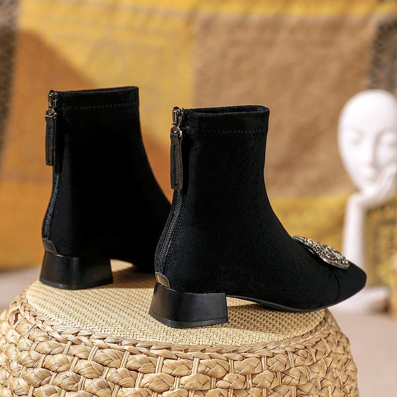 Square Head Suede Short Boots Women's 2025 New Autumn and Winter Thick Heel Medium Boots Rhinestone Square Buckle Low Heel Spring and Autumn Single Bo