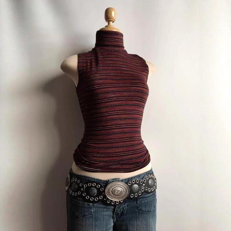 European and American Summer Retro High Neck Striped Slim Fit Vest