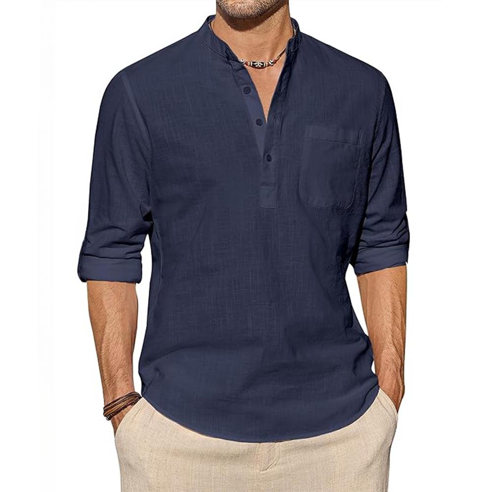 Men's Cotton Linen Shirts Long Sleeve Shirt Casual Beach Shirts Henley T-Shirt Vacation Tops with Pocket Men Streetwear