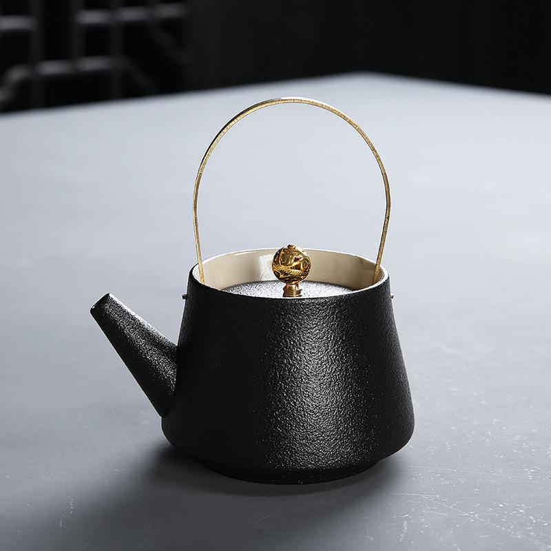 Japanese Style Black One Pot Four Cups Coarse Ceramic Travel Bag Tea Set with Handle Dry Brewing Plate Gift
