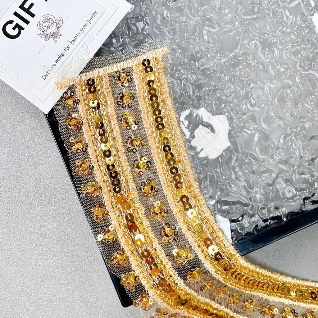 Heavy Industry Luxury Gold Beaded Sequins V-Neck Patch Evening Dress Performance Dress Decorative Front Neck Fabric Stickers Accessories
