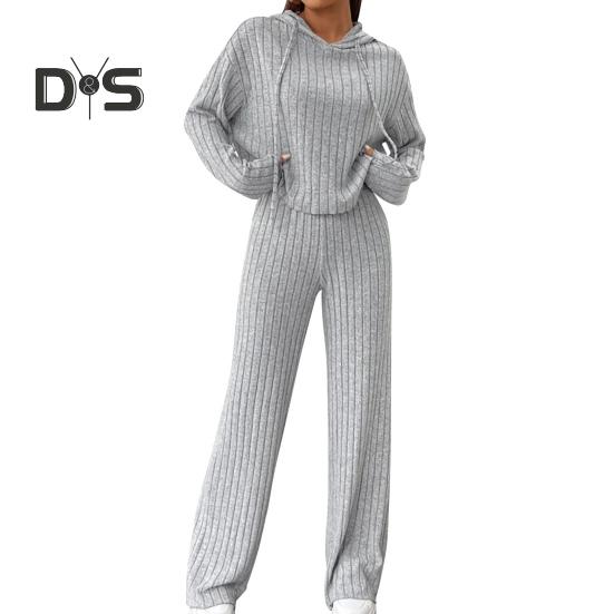 

2 шт./комплект женский костюм с капюшоном и брюками на шнурке с длинными рукавами однотонный топ с высокой талией широкие спортивные брюки весна-осень спортивный костюм XL серый