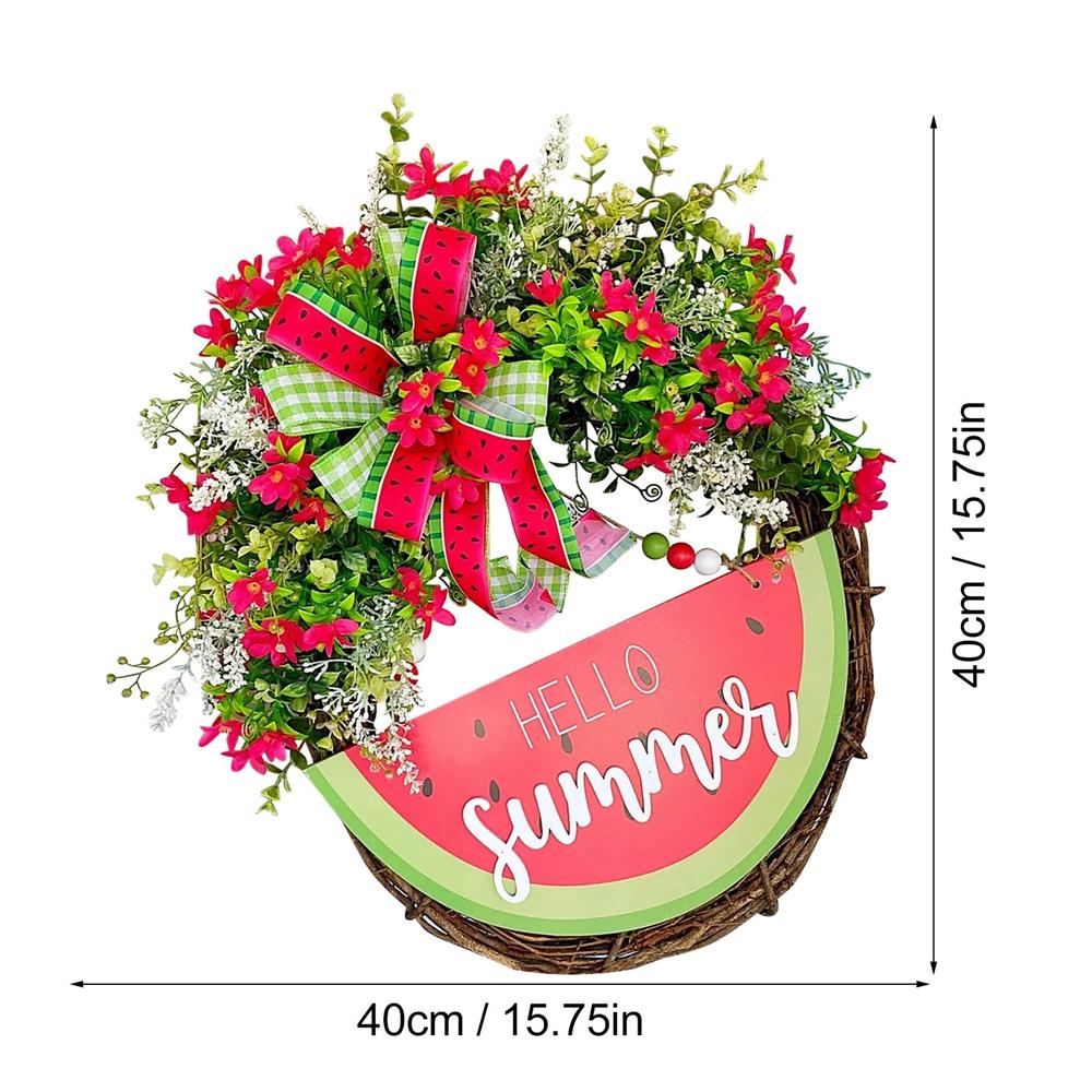 Summer Logo Wreath Watermelon Plaque Porch Decor, Summer Logo with Plastic Leaves Summer Home Farmhouse Porch Garden Patio Decor