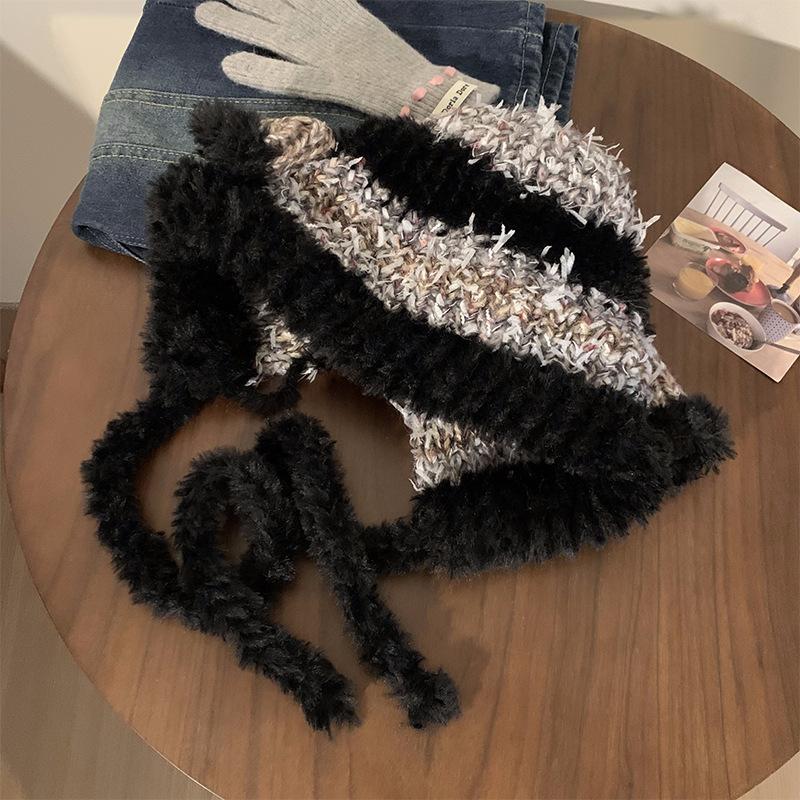 

Autumn and winter new cute lamb ears contrasting color knitted hat children s winter versatile warm ear protector M（54-59cm） чёрный