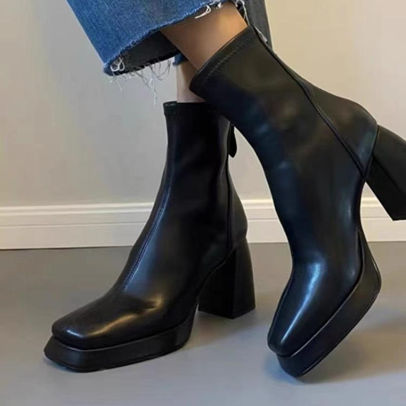 Rindslederversion~ Schwarze kurze Stiefel, Reißverschluss hinten, dicker Absatz erhöht, dünne Damen kleine dünne Stiefel erhöht